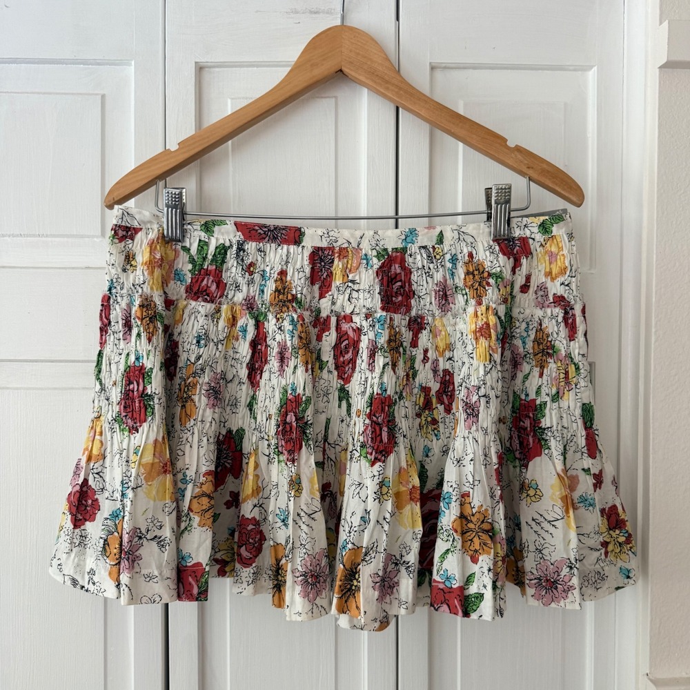 Boho Fairy American Star Floral Smocked Micro Mini Skirt M Multicolor Ruffle